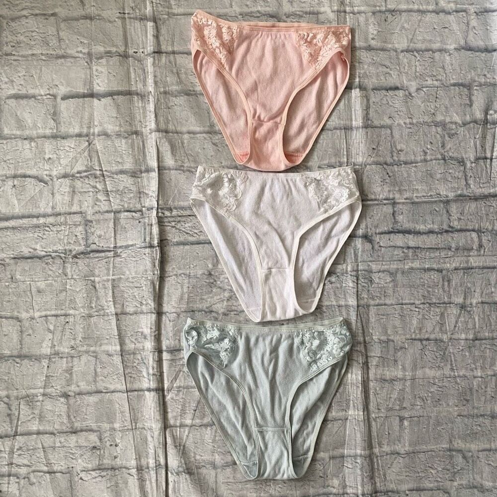 Rene Rofe Lingerie women 7/L 100% cotton 3 bundle lace trim bikini briefs